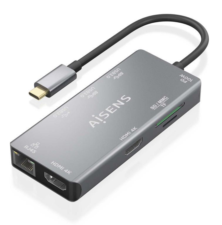 HUB AISENS USB C DOCK 9 EN 1 USB C 2XHDMI RJ45 2XUSB A 30 USB A 20 PD